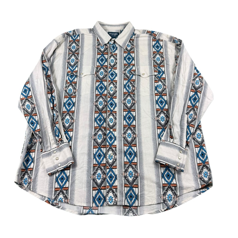 Wrangler Western Cowboy Gray Blue Orange Native AOP Mens L/S Pearl Snap 2XL